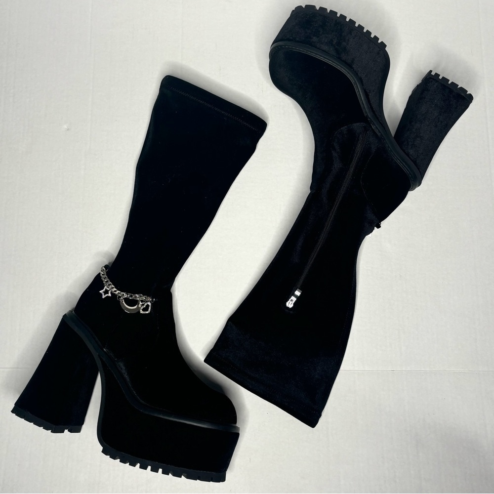 Sugar Thrillz Black Count Your Hexes Velvet Boots Platform with Charms